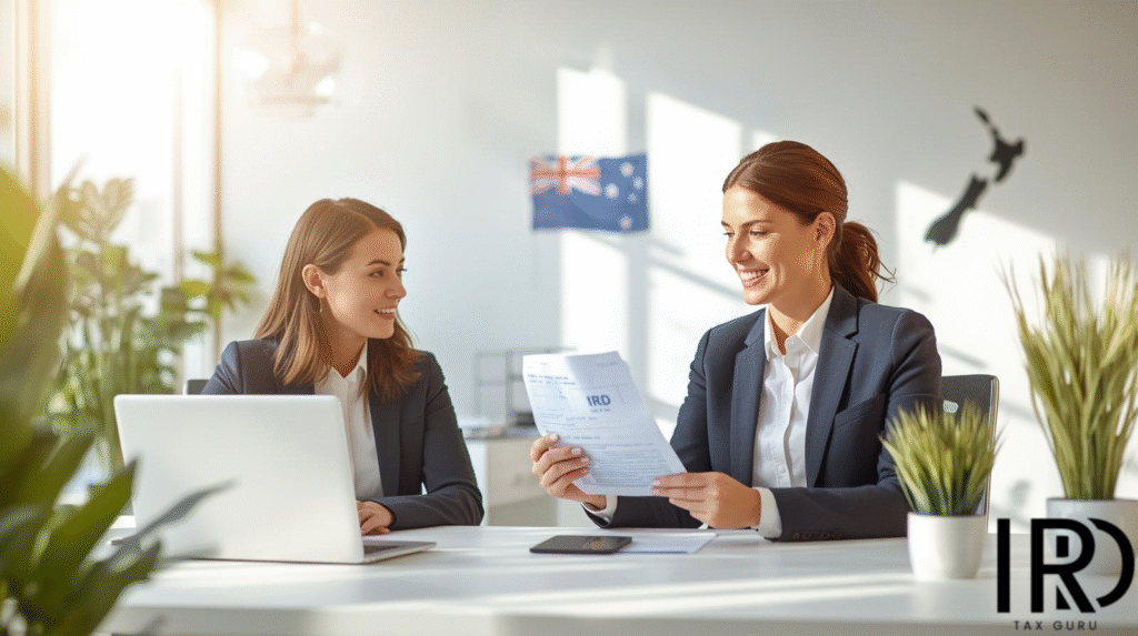 New Zealand taxpayer receiving an IRD letter with guidance from a Chartered Accountant in a modern office setting, representing tax compliance and professional advice.
