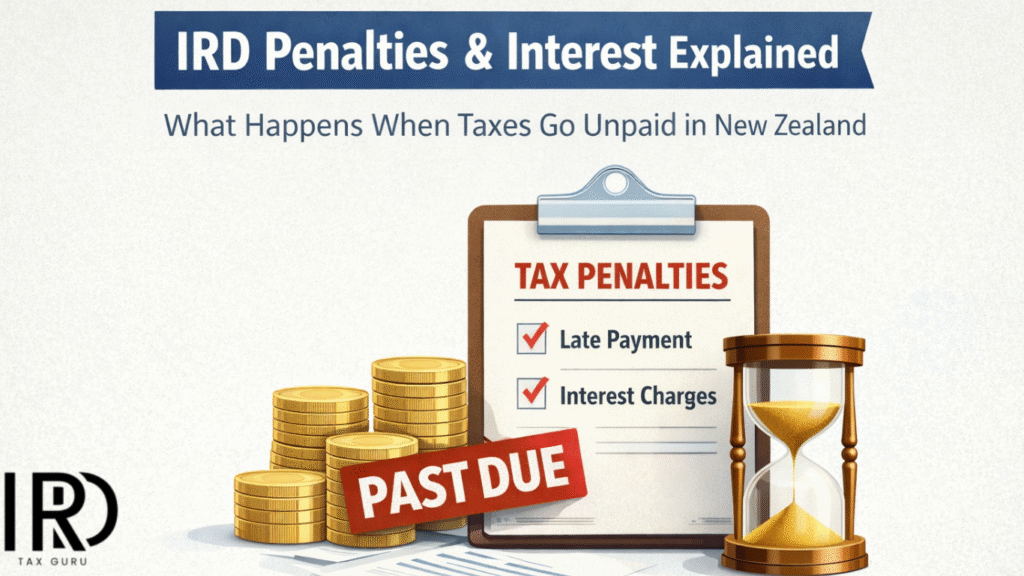 Minimal illustration explaining IRD penalties and interest for unpaid tax in New Zealand