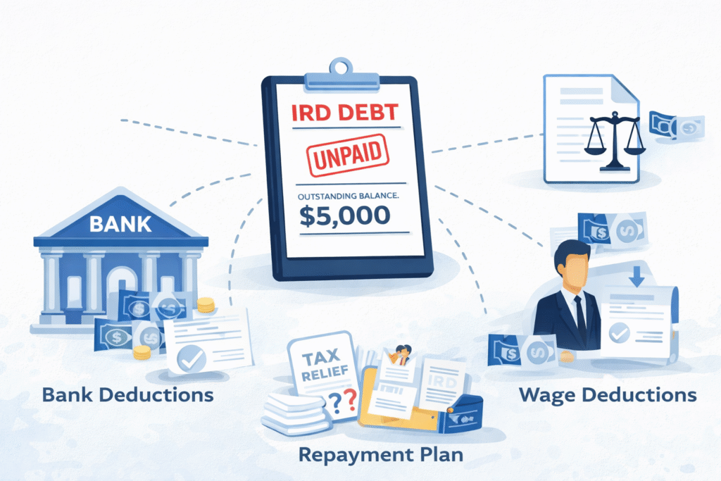 How IRD collects tax debt in New Zealand illustration showing bank deductions, repayment plans, and wage deductions