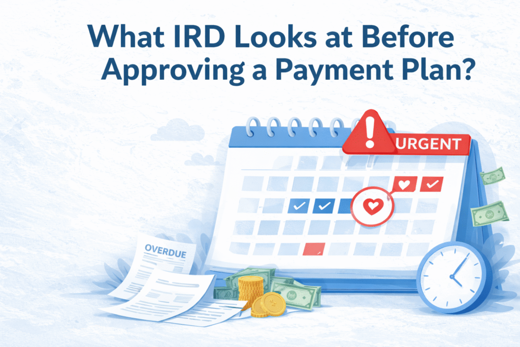 What IRD looks at before approving a payment plan illustration showing income, expenses, and repayment planning factors