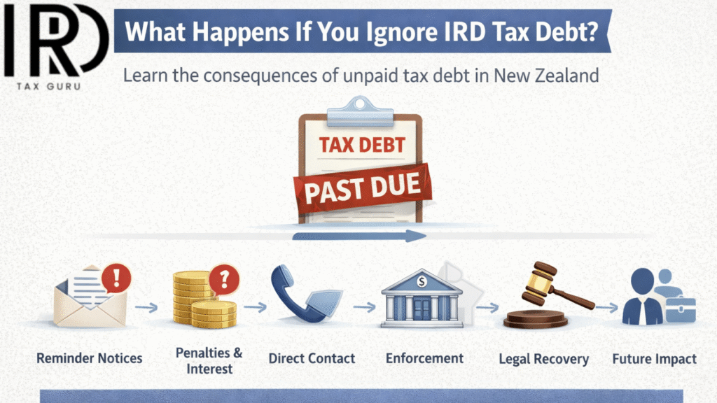 Infographic showing what happens if you ignore IRD tax debt in New Zealand, from reminders to enforcement action