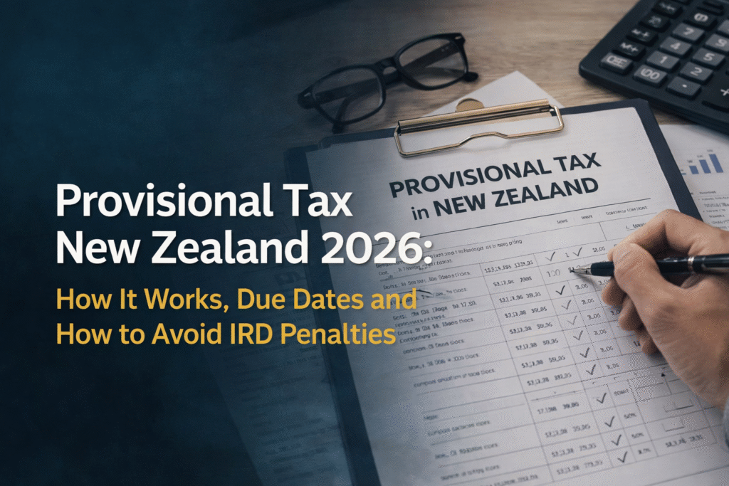 Provisional Tax New Zealand 2026 guide showing tax form, calculator and financial documents explaining due dates and IRD penalties