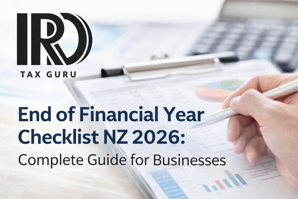 End of Financial Year Checklist NZ 2026 with IRD Guru branding showing tax checklist, calculator and financial documents for New Zealand businesses