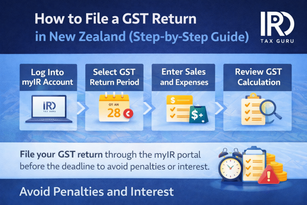 File GST return New Zealand step by step guide showing how businesses submit GST returns through the myIR portal