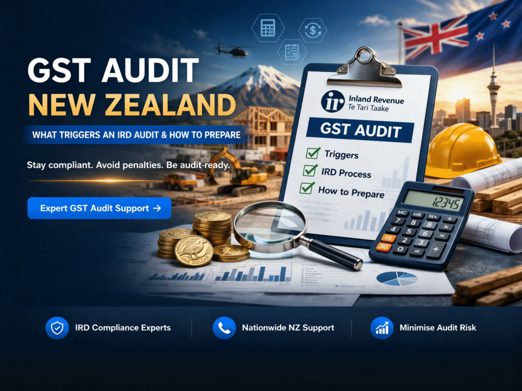 GST audit New Zealand illustration showing IRD audit checklist, calculator and financial documents for business compliance