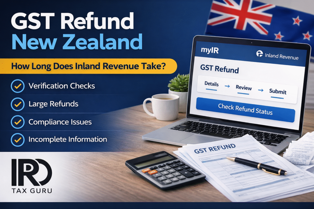 GST refund New Zealand infographic explaining Inland Revenue refund processing time and common delay reasons