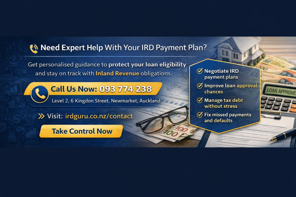 IRD payment plan and loan eligibility CTA banner with IRD Guru contact details for tax help in New Zealand.