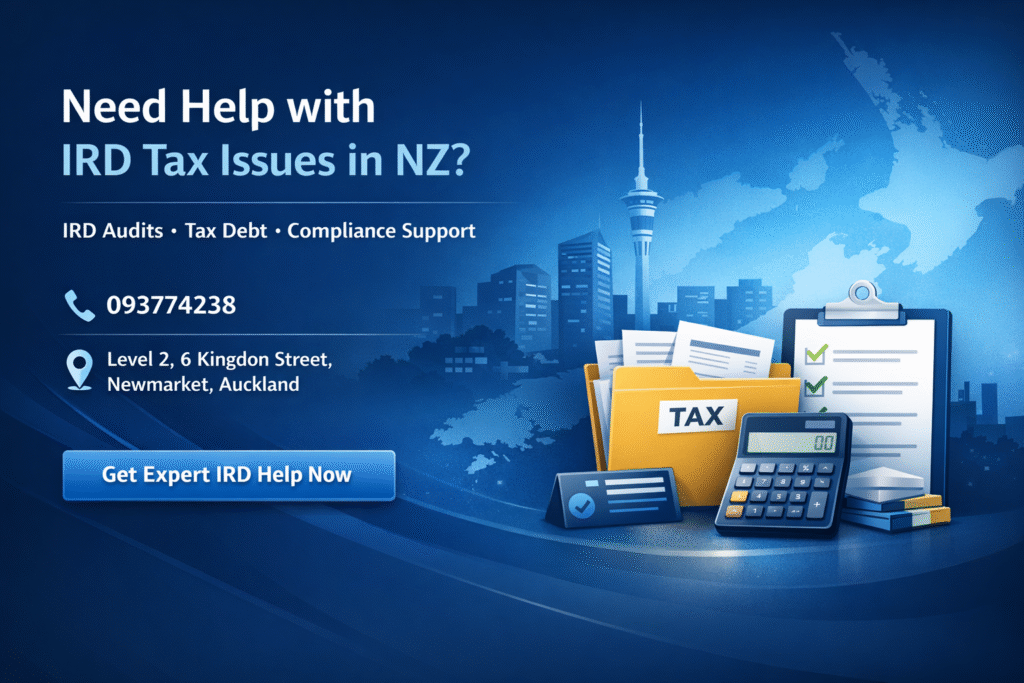 IRD tax help New Zealand contact banner with phone number 093774238 and Auckland address for IRD audit, tax debt and compliance support