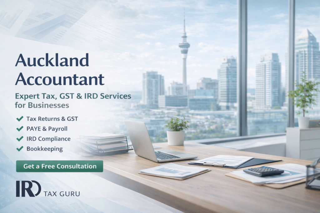 Auckland accountant services image showing tax, GST, PAYE and IRD compliance support for businesses in New Zealand