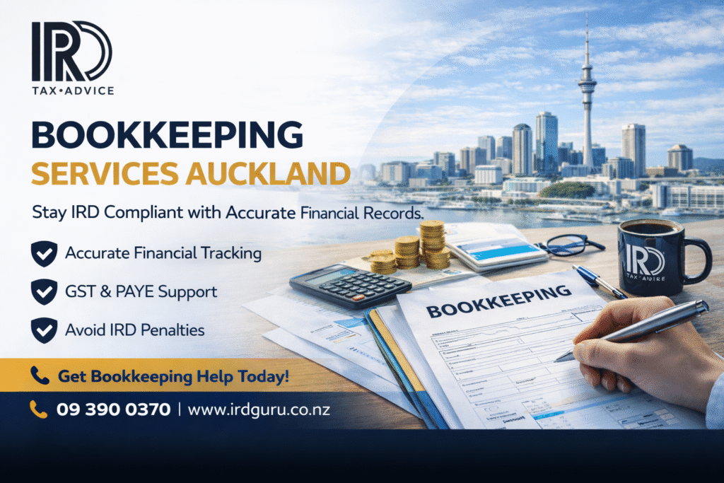 bookkeeping services Auckland image showing financial record management, GST and PAYE support, and IRD compliance for New Zealand businesses