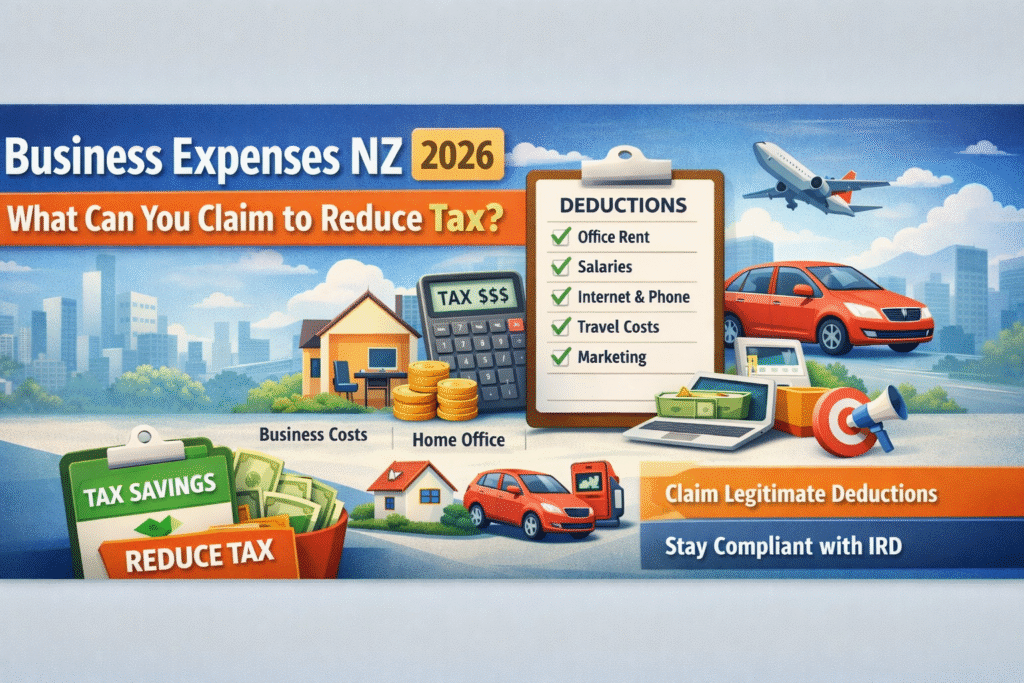 Business expenses NZ guide showing what you can claim to reduce tax in New Zealand with IRD Tax Guru branding