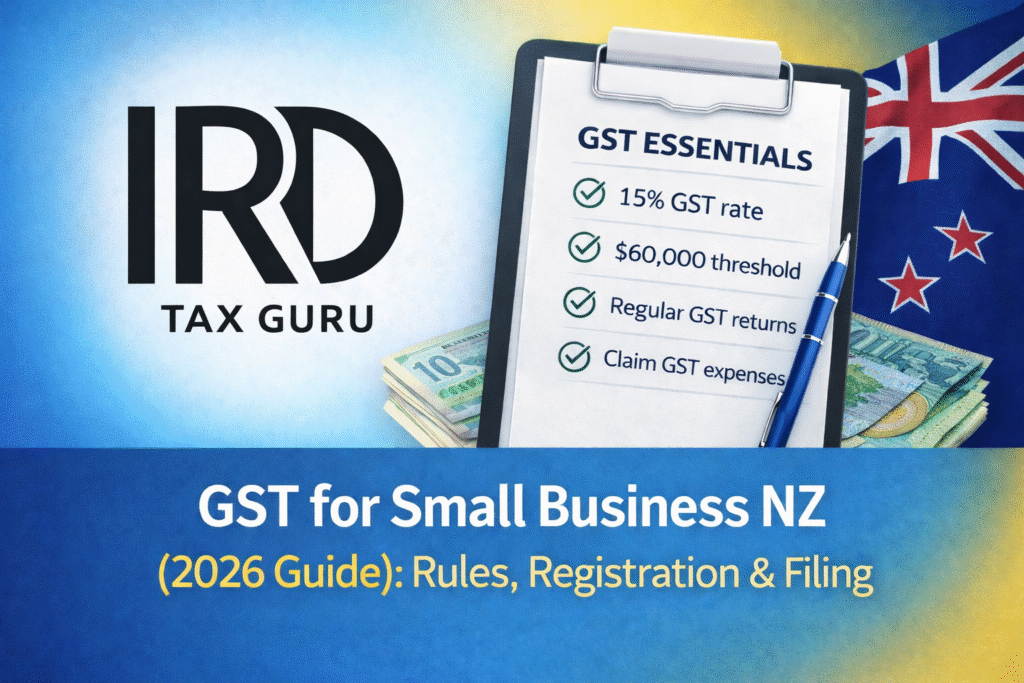 GST for small business NZ guide showing registration rules filing process with IRD Tax Guru branding