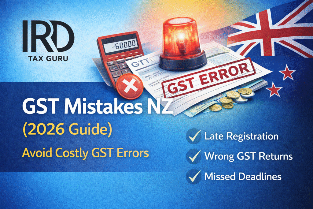 GST mistakes NZ guide showing common GST errors like late registration wrong returns and missed deadlines with IRD Tax Guru branding