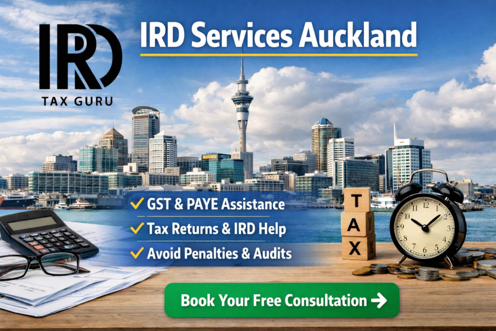 IRD services Auckland infographic showing GST, PAYE assistance, tax returns help and penalty avoidance for businesses in New Zealand