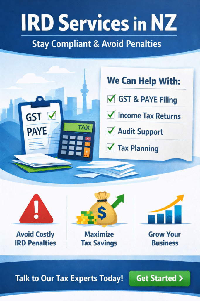 IRD services in NZ infographic showing GST, PAYE filing, tax planning and compliance benefits for businesses in New Zealand