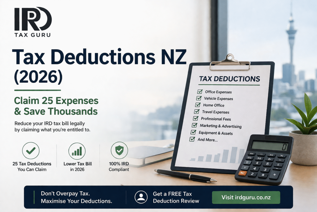 Tax Deductions NZ 2026 infographic showing 25 claimable business expenses with IRD Guru branding