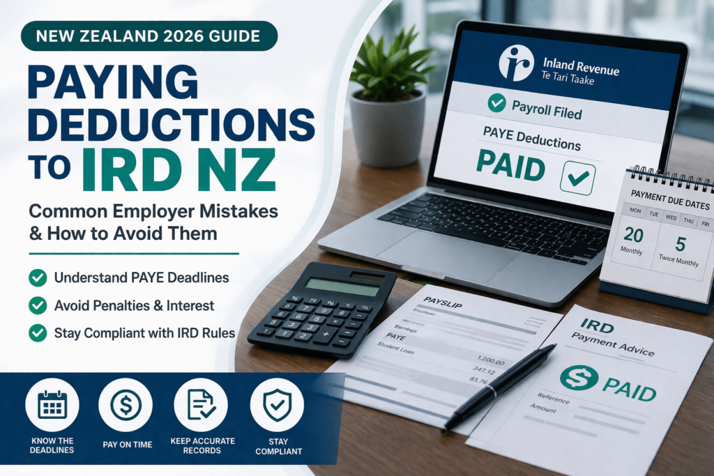Paying deductions to IRD NZ infographic showing PAYE deadlines, payroll compliance steps, and employer mistakes to avoid