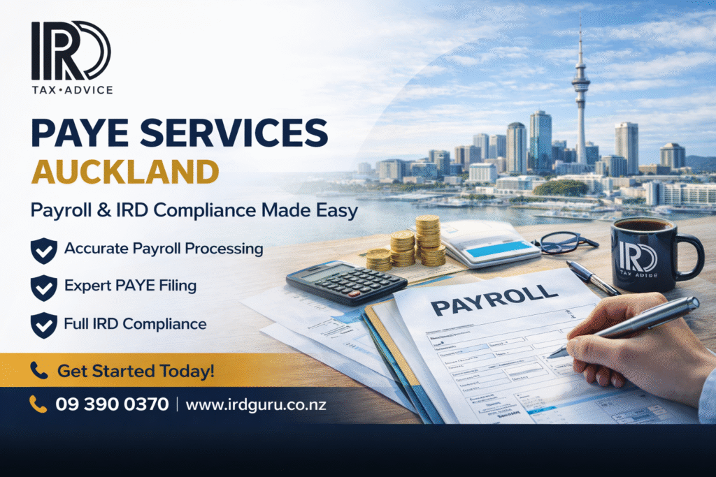 PAYE services Auckland image showing payroll processing, employee tax deductions and IRD compliance support for businesses in New Zealand