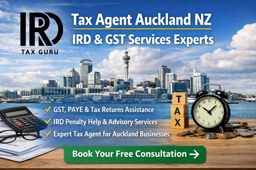Tax agent Auckland NZ image showing IRD and GST services, tax return assistance and penalty help for Auckland businesses