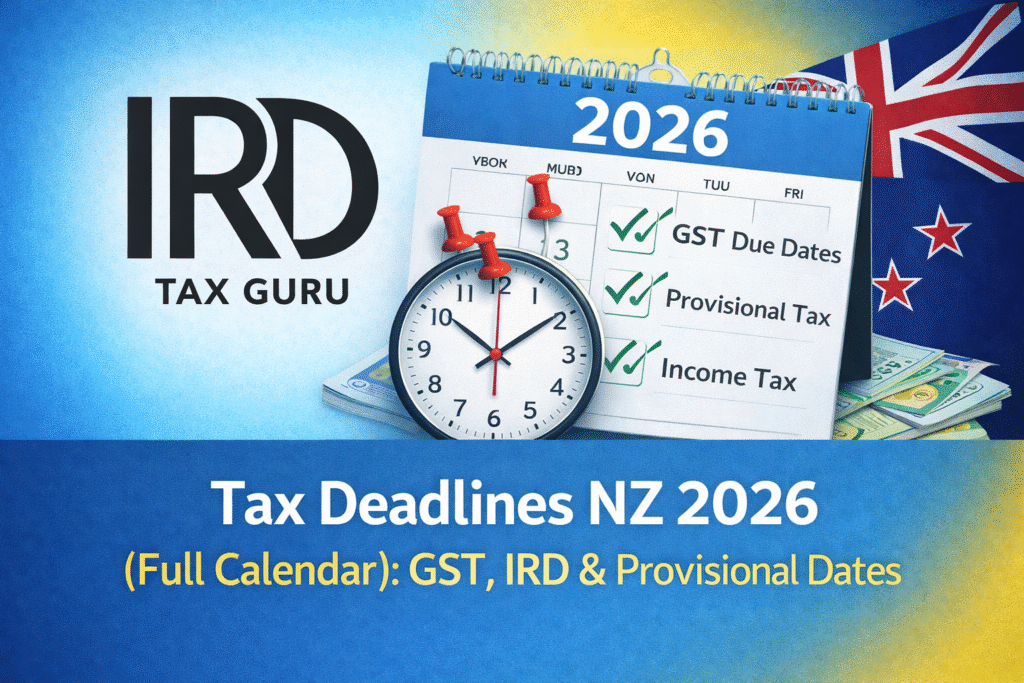 Tax deadlines NZ 2026 calendar showing GST IRD and provisional tax due dates with IRD Tax Guru branding