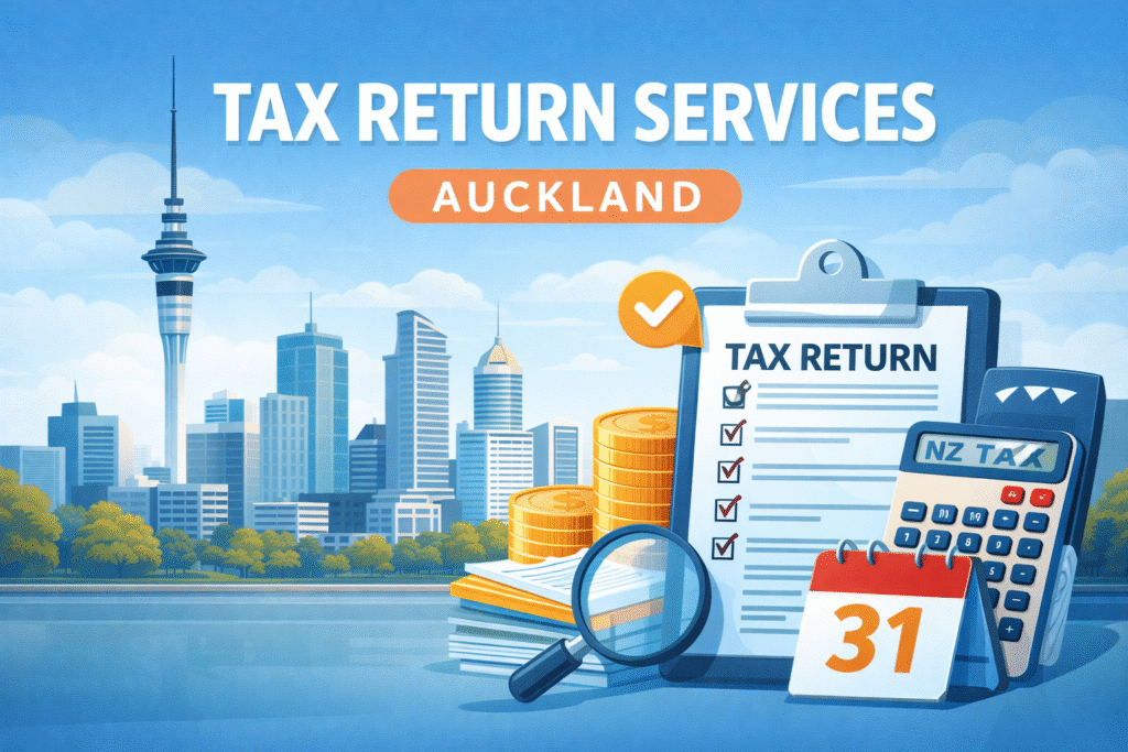 Tax return services Auckland illustration showing income tax filing, deductions, and IRD compliance support for New Zealand businesses