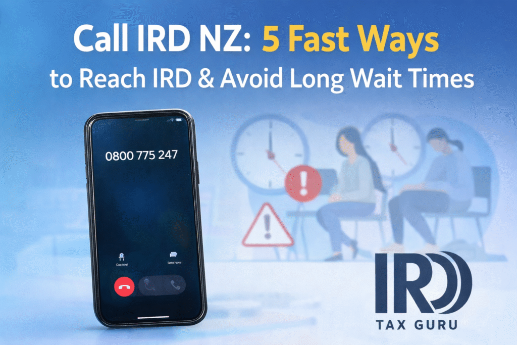 Call IRD NZ phone number displayed on mobile screen with tax contact and support concept