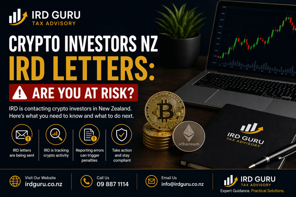 Crypto investors NZ IRD letters warning showing Inland Revenue notice and crypto coins highlighting tax compliance risk in 2026