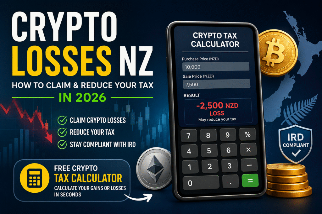Crypto losses NZ with crypto tax calculator showing how to calculate losses and reduce tax in New Zealand 2026
