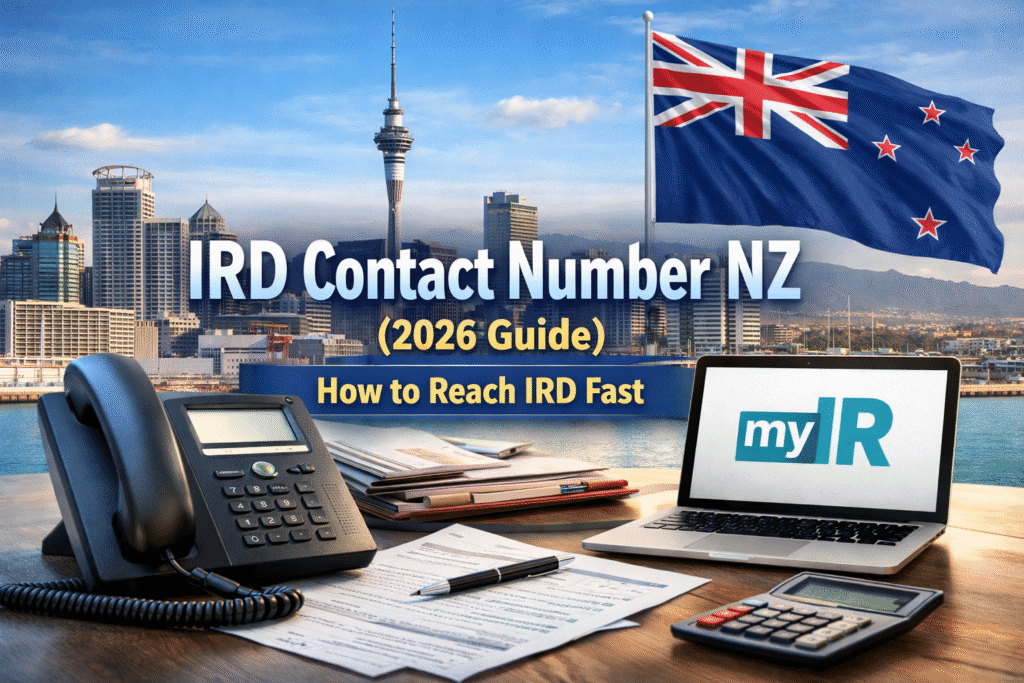 IRD contact number NZ with phone, myIR portal and New Zealand skyline illustration