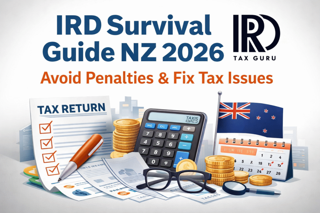 IRD Survival Guide NZ 2026 showing tax help, IRD penalties, audits and payment solutions