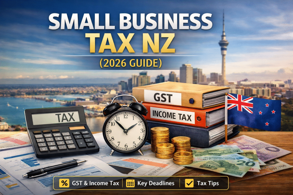 Small business tax NZ guide showing GST, income tax, deadlines and financial documents in New Zealand