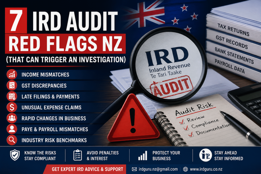 7 IRD audit red flags NZ showing tax audit triggers like GST issues, income mismatches, and compliance risks