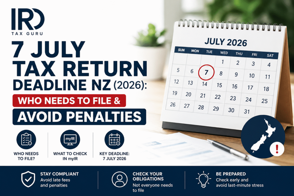 7 July Tax Return Deadline NZ 2026 guide showing who may need to file, what to check in myIR, and how to avoid penalties
