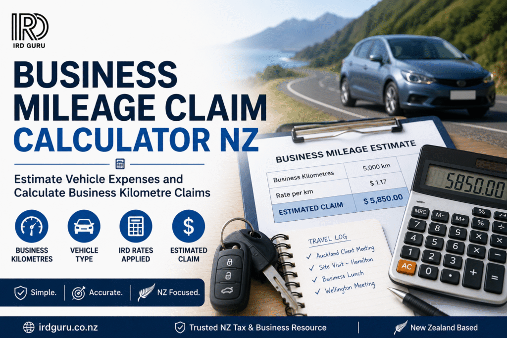 Business Mileage Claim Calculator NZ by IRD Guru showing estimated vehicle expense claims and business kilometre calculations in New Zealand
