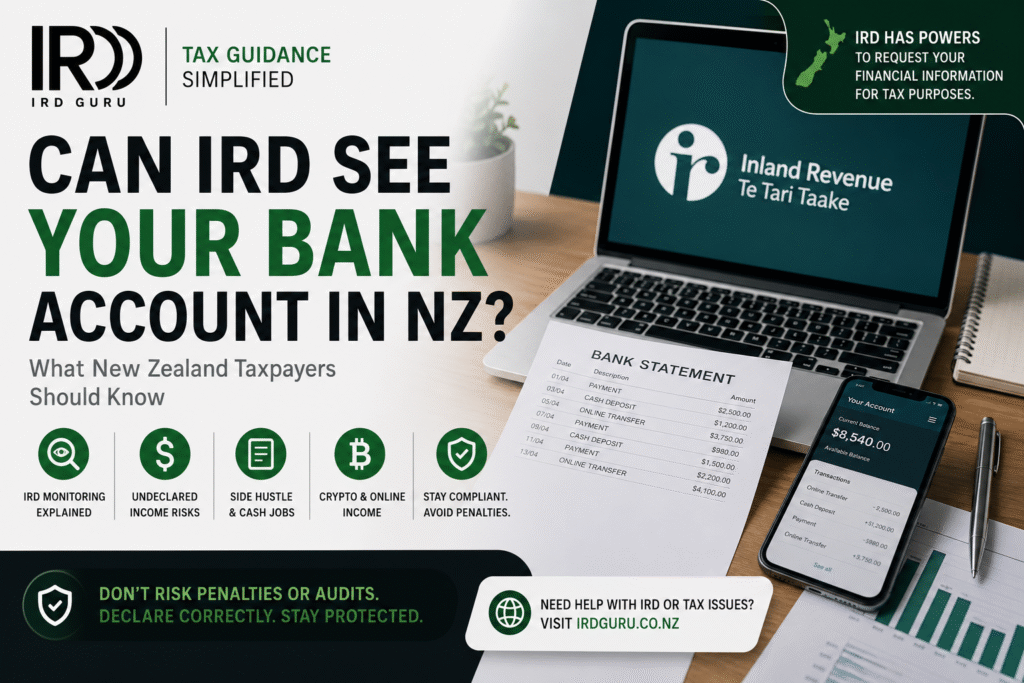 Can IRD see your bank account NZ guide explaining Inland Revenue monitoring, undeclared income risks, side hustle tax, and tax compliance in New Zealand
