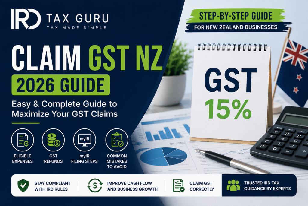 Claim GST NZ 2026 guide featured image showing GST claiming process, myIR filing steps and IRD Guru New Zealand tax guidance