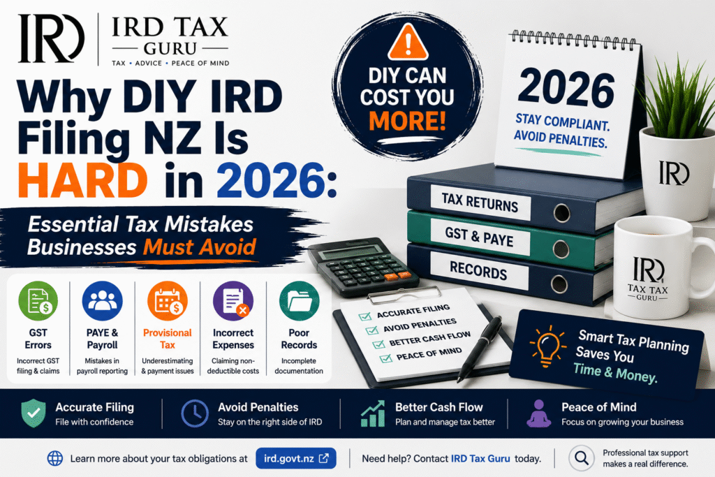 DIY IRD Filing NZ mistakes involving GST, PAYE, provisional tax, and tax compliance in 2026