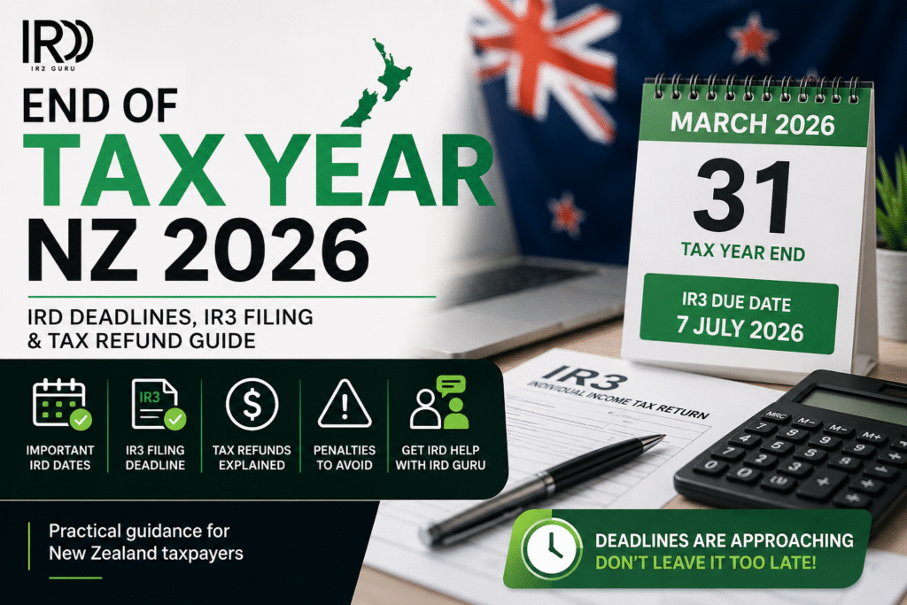 End of Tax Year NZ 2026 guide showing IRD deadlines, IR3 filing dates, tax refunds, and IRD Guru NZ support