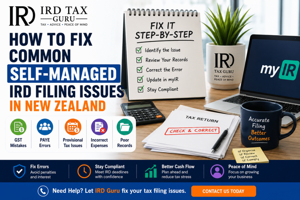 How to fix common self-managed IRD filing issues in New Zealand including GST, PAYE, provisional tax and record-keeping errors