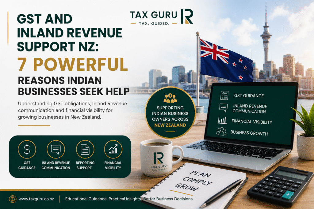 GST and Inland Revenue Support NZ feature image by IRD Tax Guru highlighting GST guidance, financial visibility, Inland Revenue communication and support for Indian businesses in New Zealand.