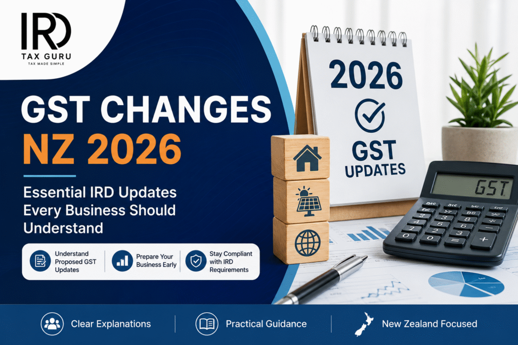 GST Changes NZ 2026 feature image showing proposed IRD updates for New Zealand businesses including GST compliance, accommodation, solar exports and tax planning guidance by IRD Guru.