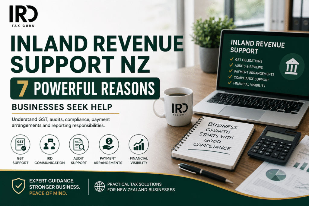 Inland Revenue Support NZ feature image by IRD Tax Guru showing GST support, audits, payment arrangements, compliance and financial visibility for New Zealand businesses.