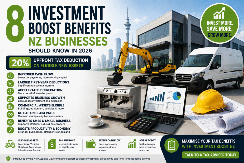 Investment Boost Benefits NZ infographic showing tax deductions accelerated depreciation and business asset incentives for New Zealand businesses