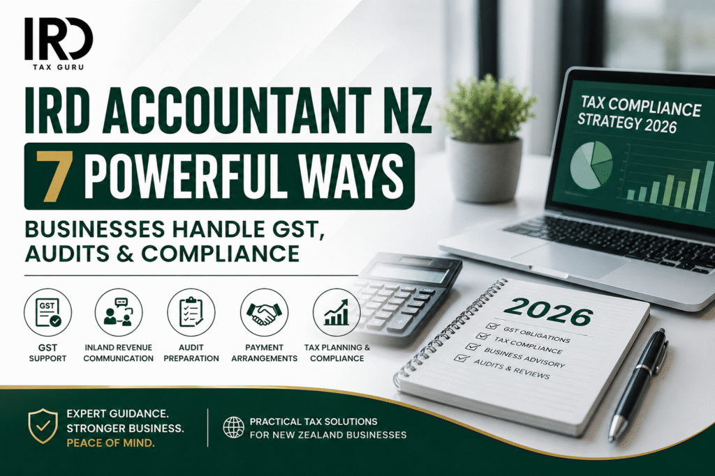 IRD Accountant NZ feature image showing GST support, Inland Revenue communication, audit preparation and tax compliance services for New Zealand businesses.