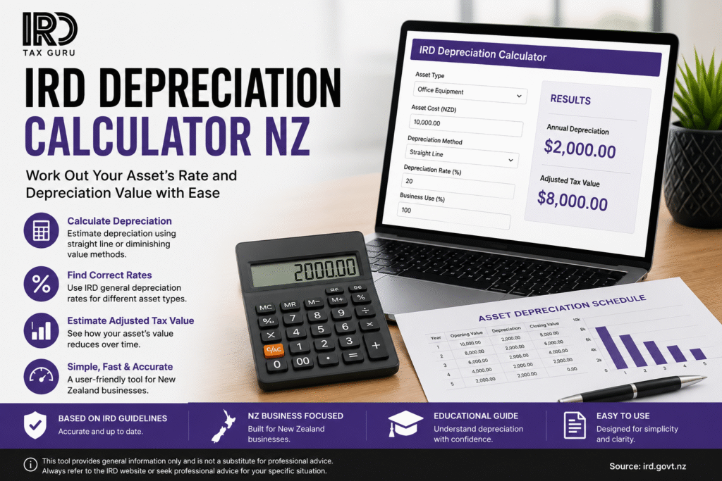 IRD Depreciation Calculator NZ by IRD Guru showing asset depreciation estimation, depreciation rates and adjusted tax value calculation