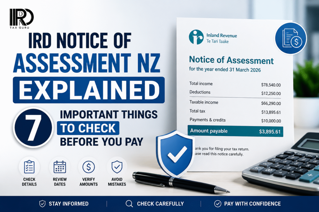 IRD Notice of Assessment NZ feature image explaining the 7 important things to check before paying including tax details, payment dates and assessment review guidance by IRD Guru.