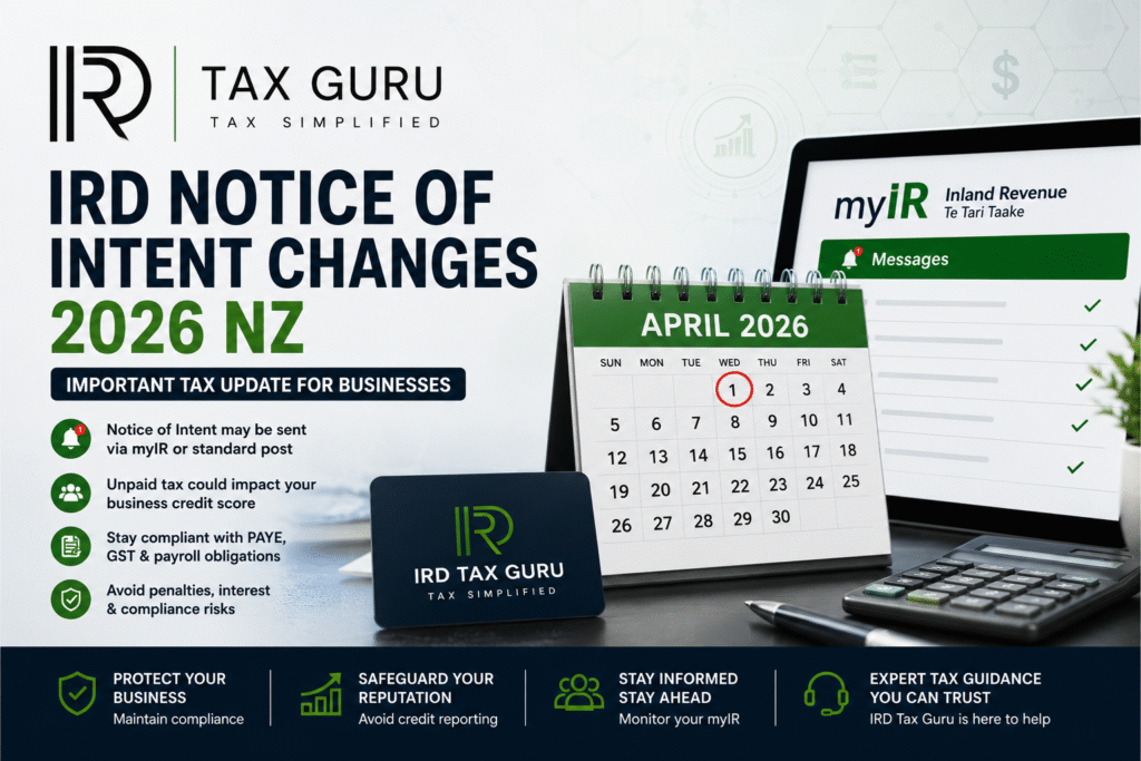 IRD Notice of Intent Changes 2026 NZ featured image showing myIR notifications, unpaid tax updates, PAYE, GST, and payroll compliance for New Zealand businesses.