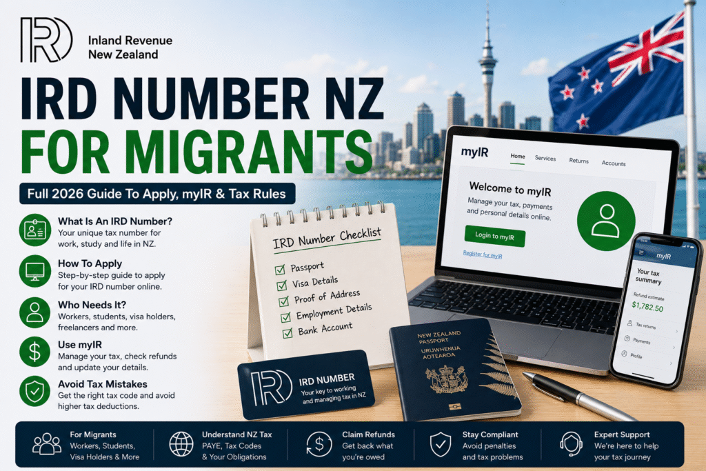 IRD Number NZ For Migrants guide explaining IRD applications, myIR access, tax rules, and migrant tax setup in New Zealand