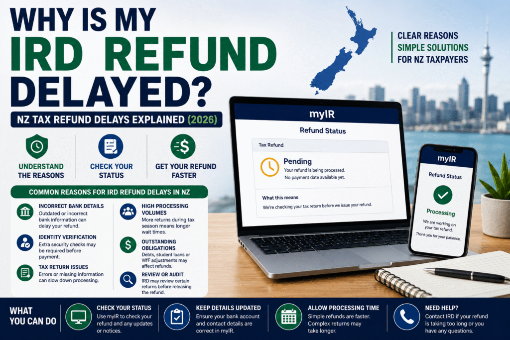 IRD Refund Delayed NZ guide explaining tax refund delays, myIR refund status, and refund processing issues in New Zealand
