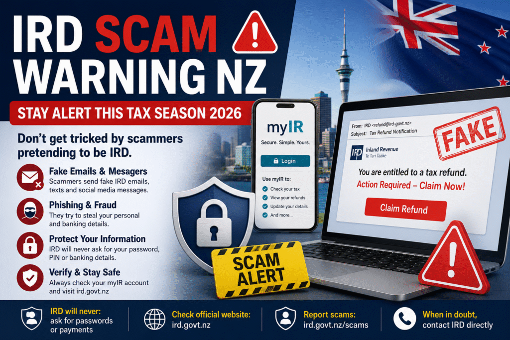 IRD Scam Warning NZ 2026 guide showing fake tax refund scams, phishing emails, and myIR fraud alerts in New Zealand